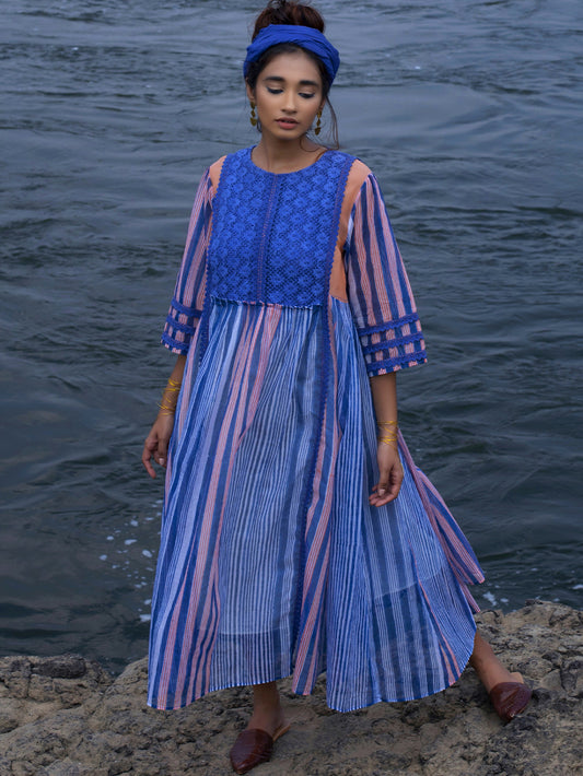 Indigo peach Chanderi Dress