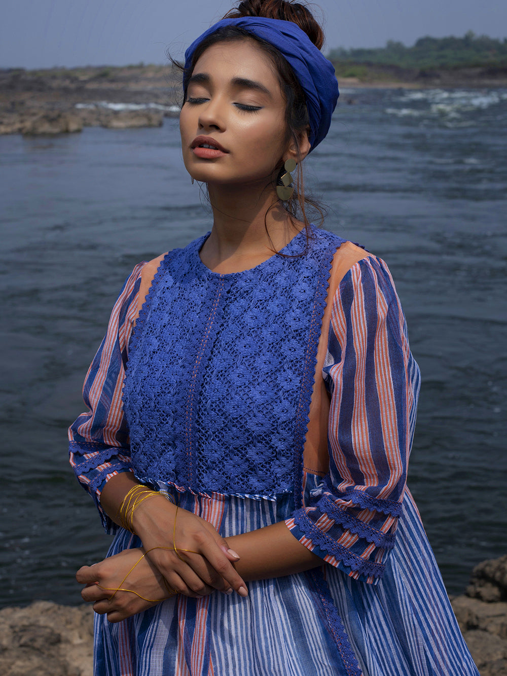 Indigo peach Chanderi Dress