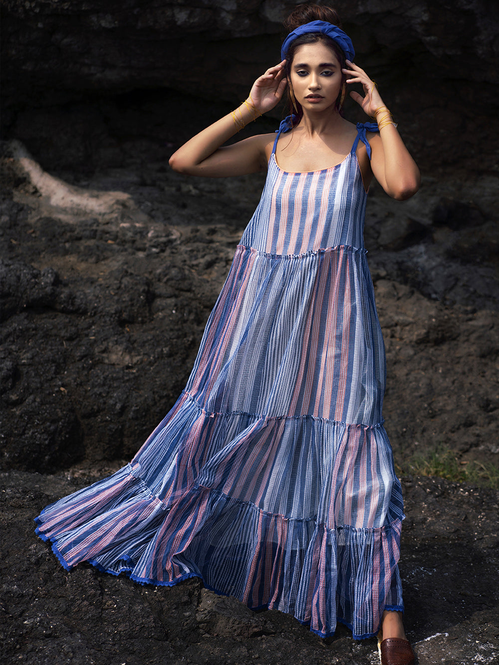 Indigo Peach Chanderi Maxi Dress