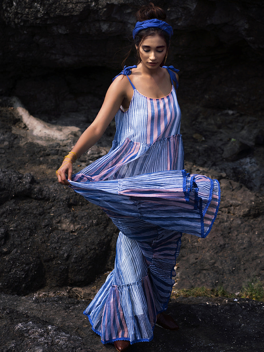 Indigo Peach Chanderi Maxi Dress