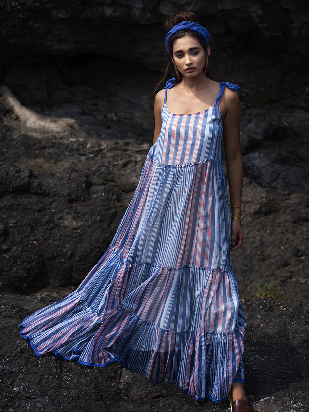 Indigo Peach Chanderi Maxi Dress