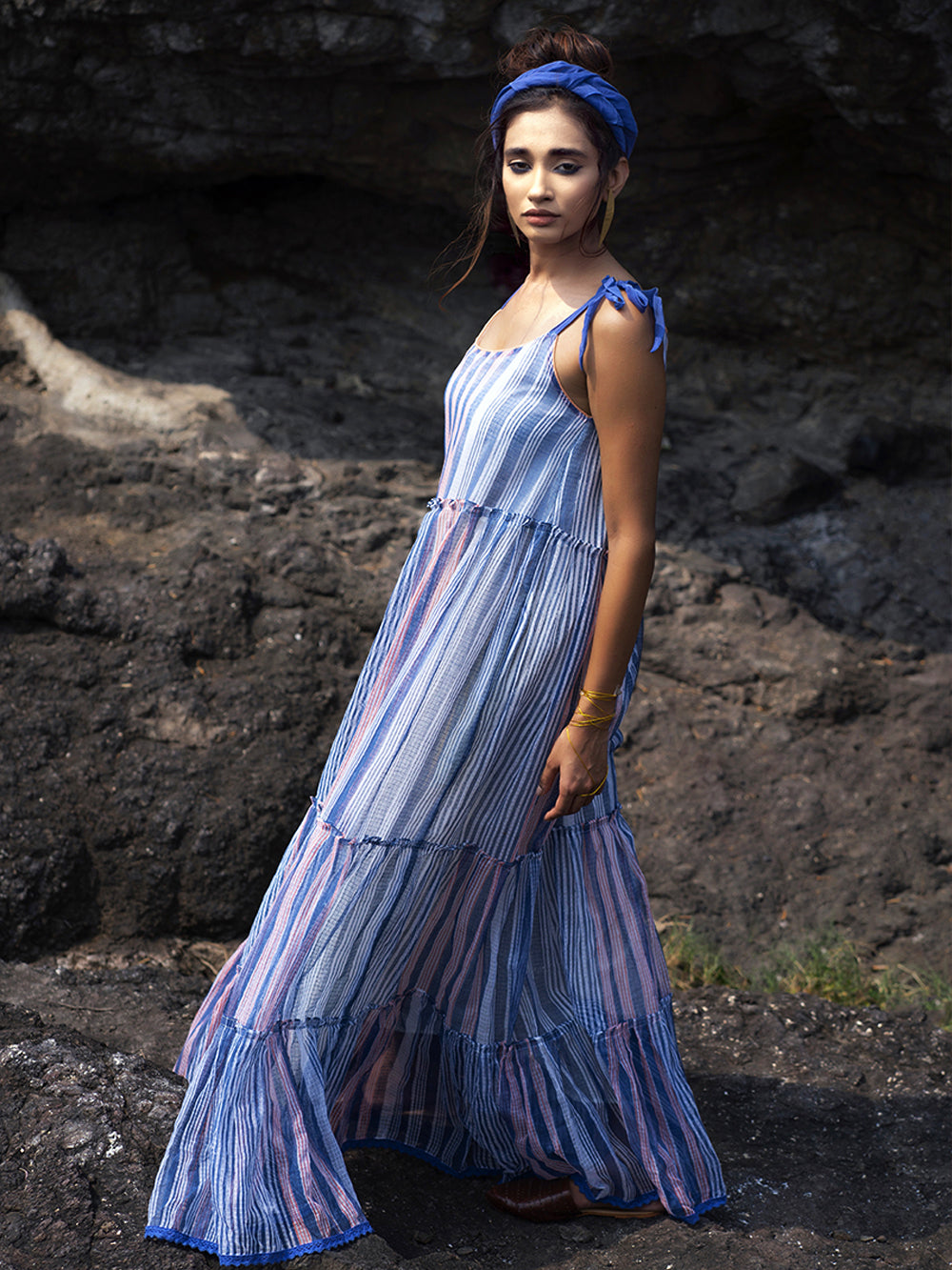 Indigo Peach Chanderi Maxi Dress