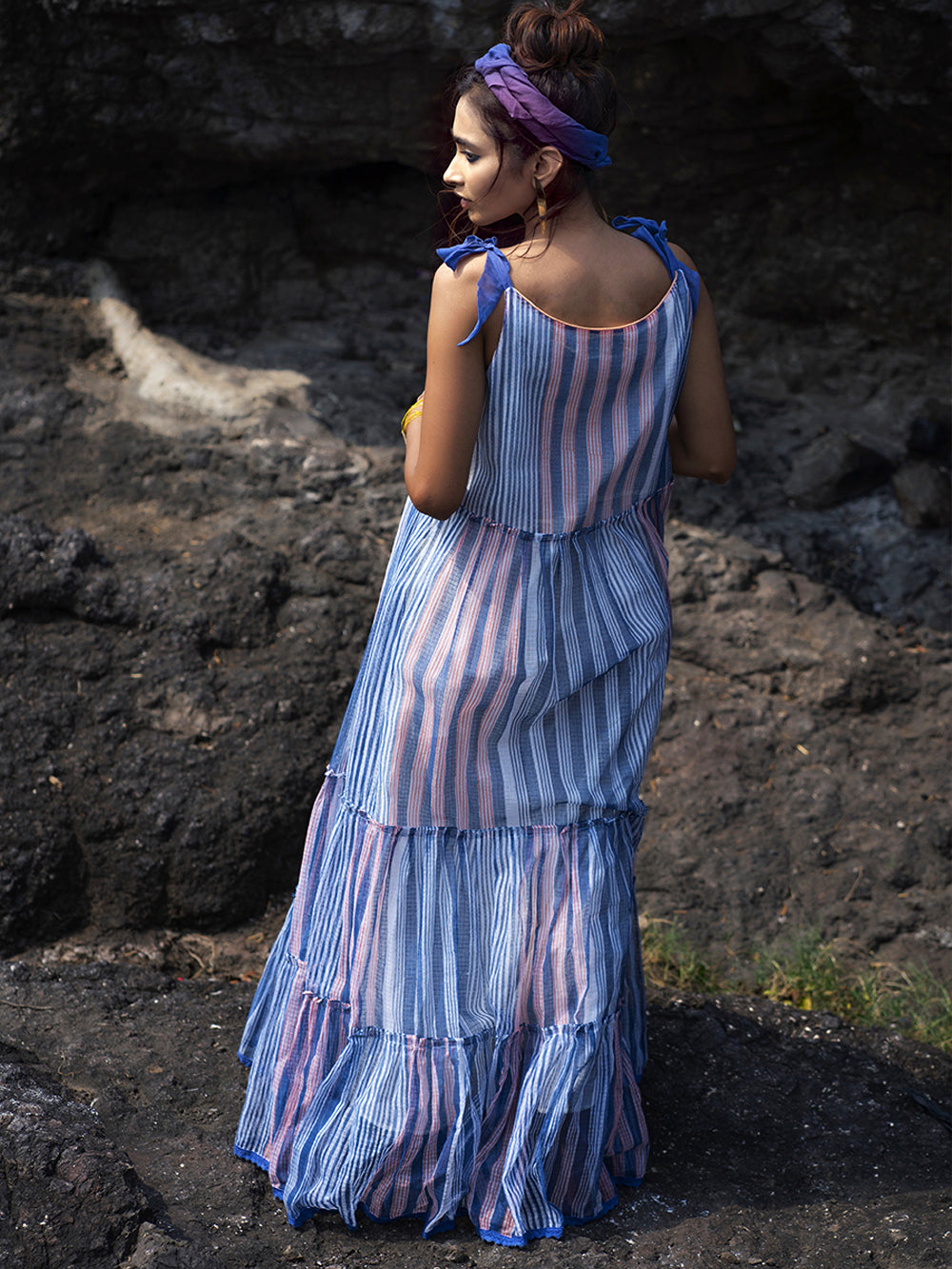 Indigo Peach Chanderi Maxi Dress