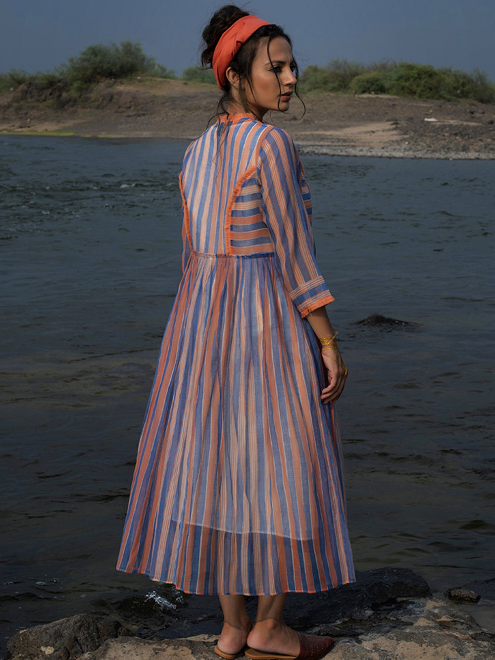 Indigo peach Hand Block Printed Chanderi Dress