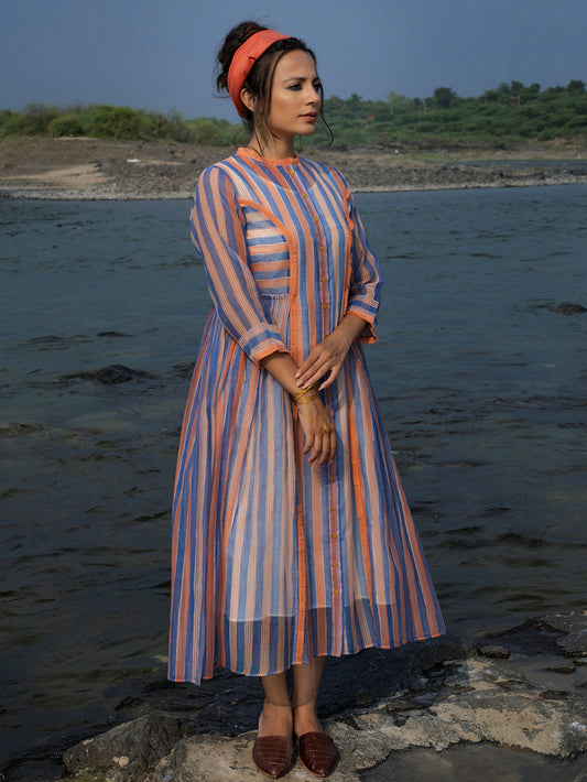 Indigo peach Hand Block Printed Chanderi Dress