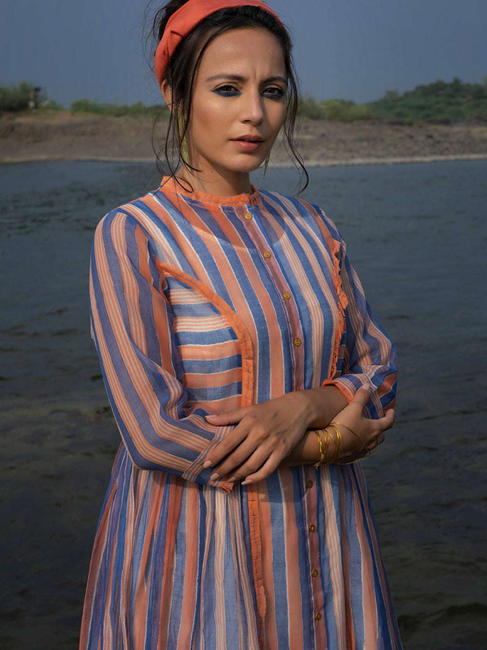 Indigo peach Hand Block Printed Chanderi Dress