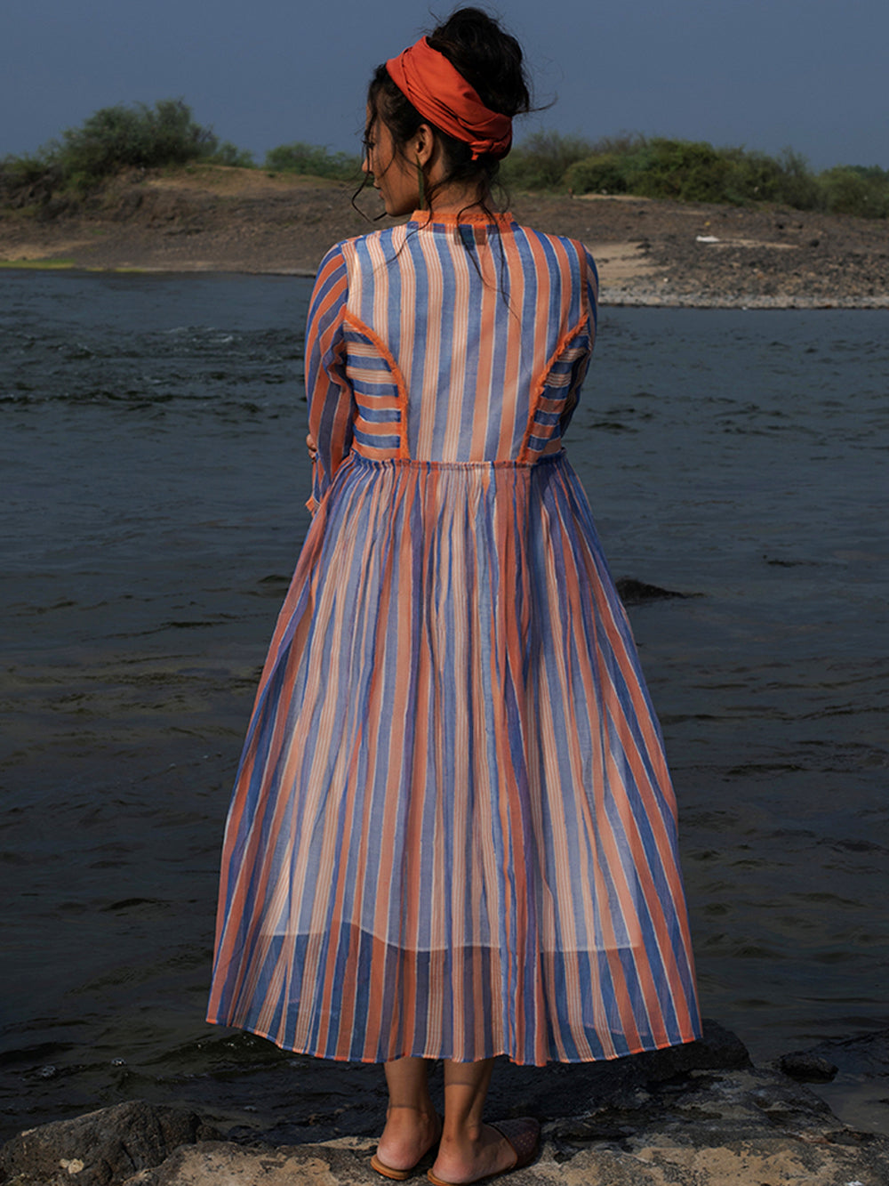 Indigo peach Hand Block Printed Chanderi Dress