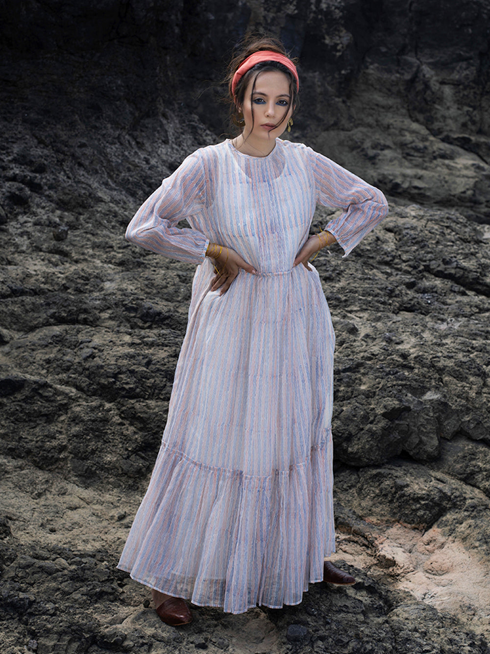 Ivory Chanderi Tiered Dress