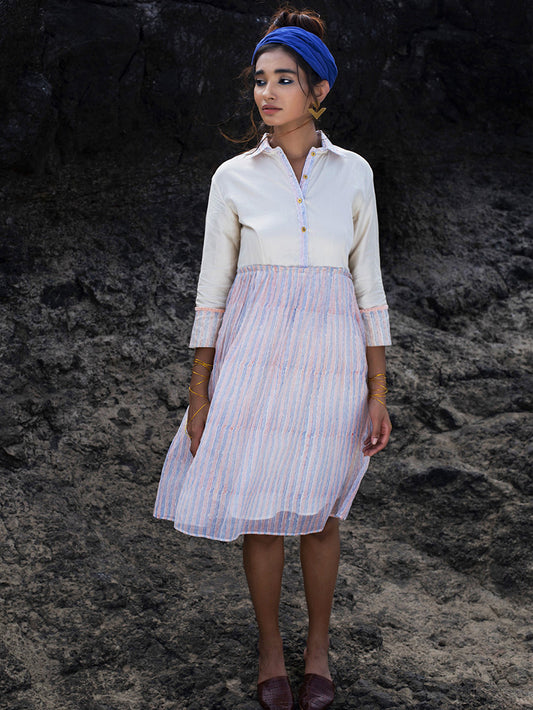 Ivory Cotton Silk & Chanderi Gathered Dress