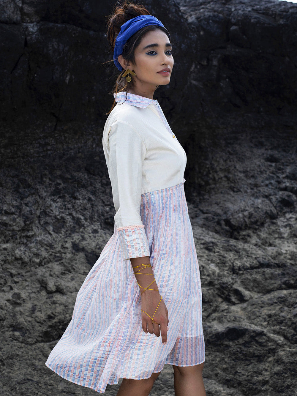 Ivory Cotton Silk & Chanderi Gathered Dress