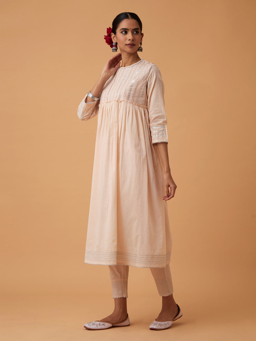 Off White Cotton Kurta with Pants and Dupatta Set of 3