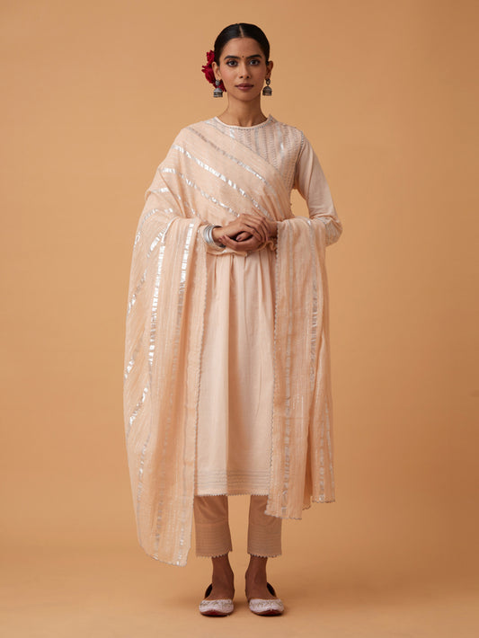 Off White Cotton Kurta with Pants and Dupatta Set of 3
