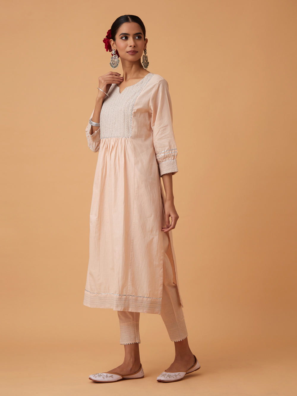 Off White Cotton Kurta with Pants and Dupatta Set of 3