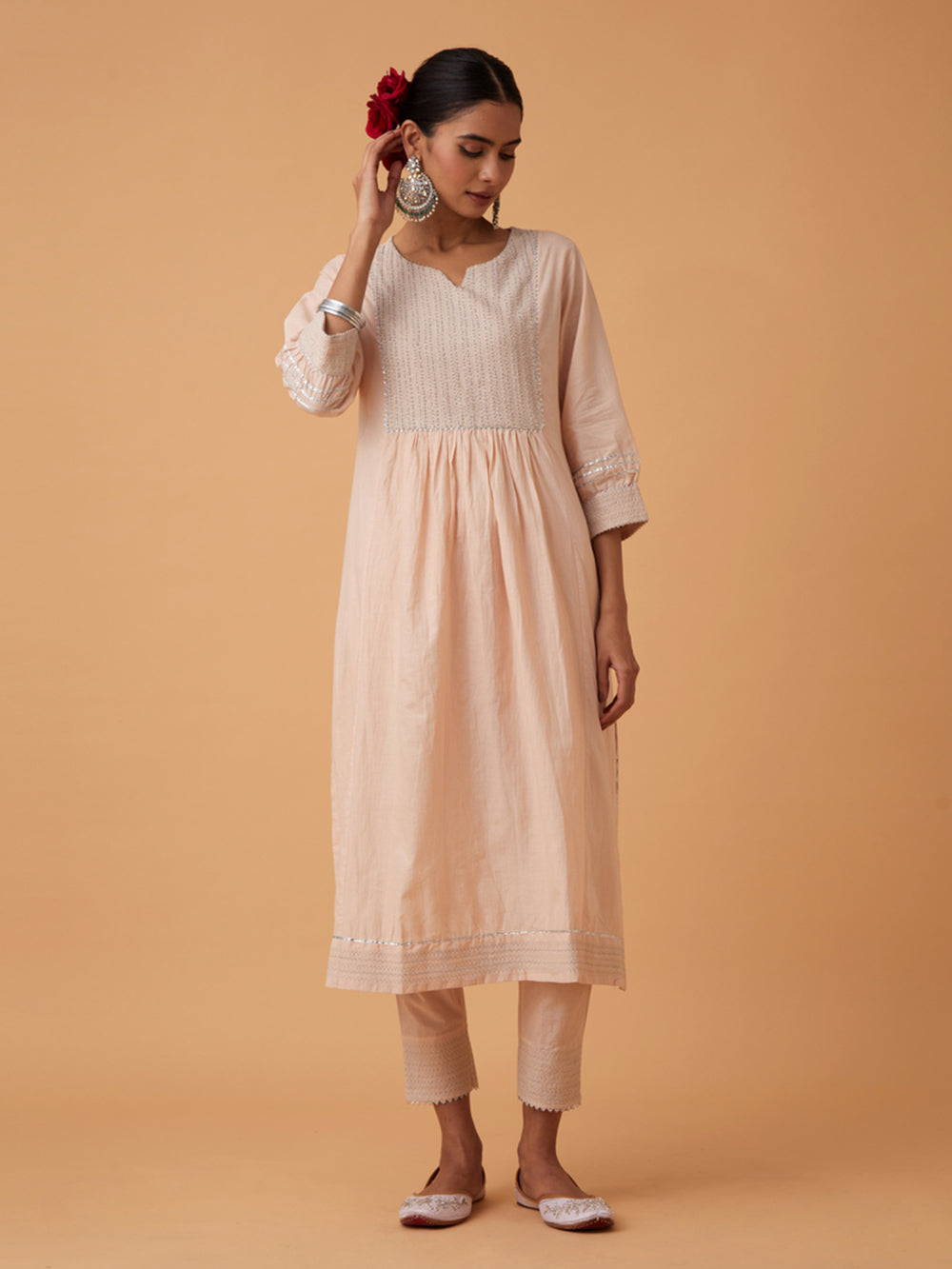 Off White Cotton Kurta with Pants and Dupatta Set of 3