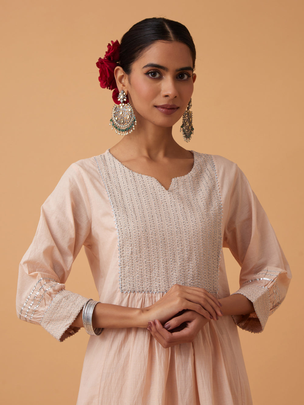 Off White Cotton Kurta with Pants and Dupatta Set of 3