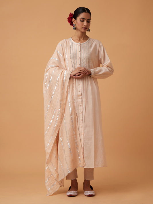 Off White Cotton Kurta with Pants and Dupatta Set of 3