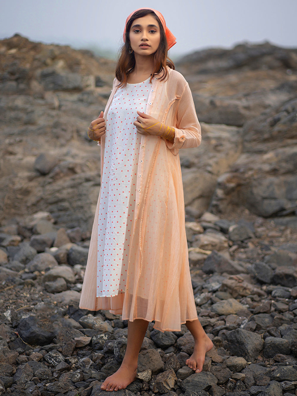 Peach Chanderi Jacket Dress