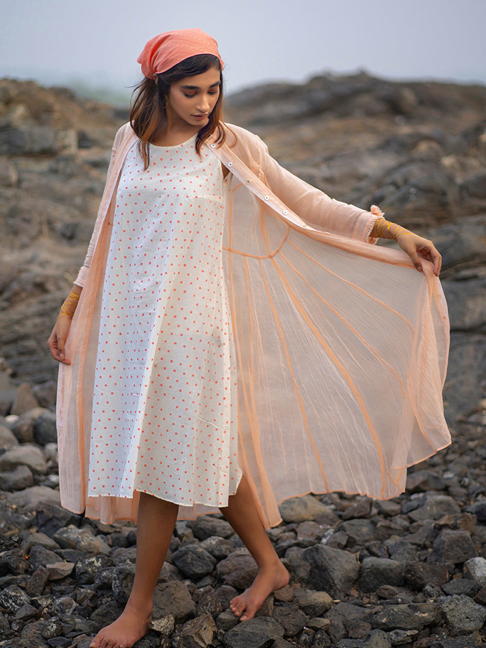 Peach Chanderi Jacket Dress