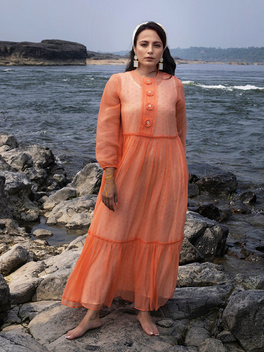 Peach Chanderi Tiered Dress