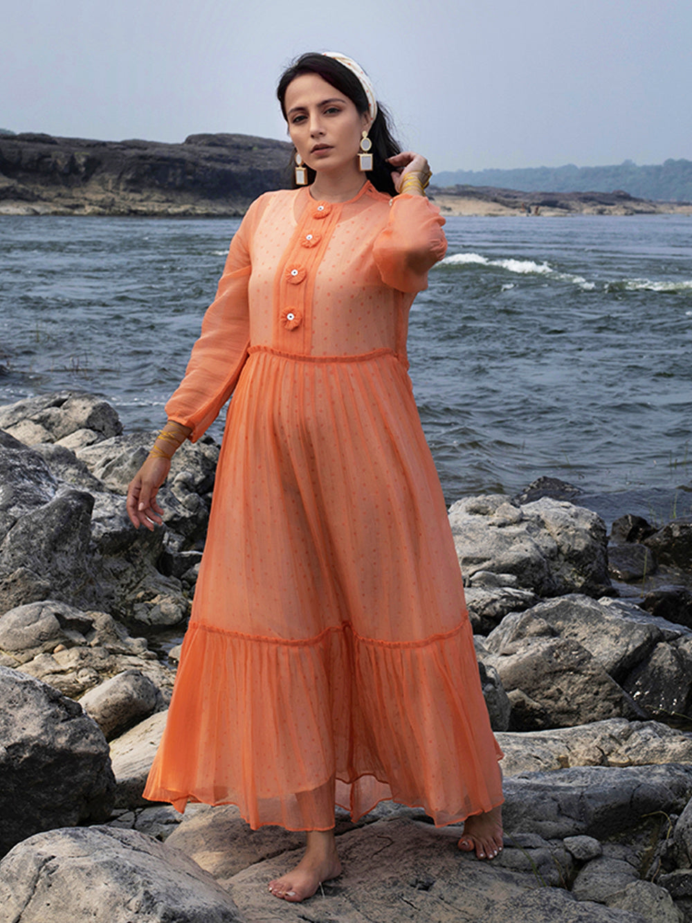 Peach Chanderi Tiered Dress