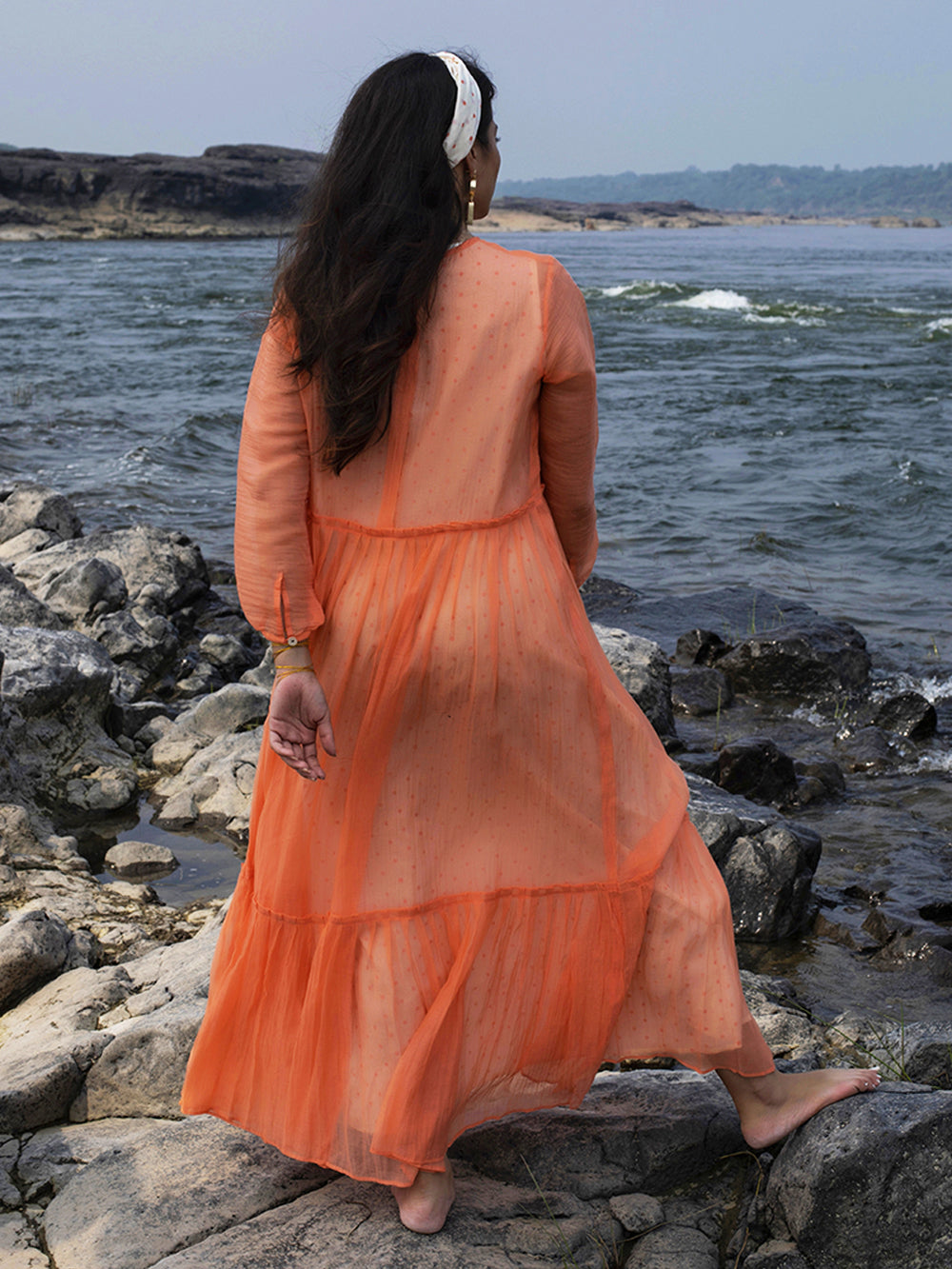 Peach Chanderi Tiered Dress