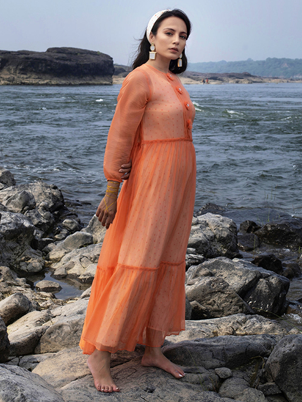 Peach Chanderi Tiered Dress