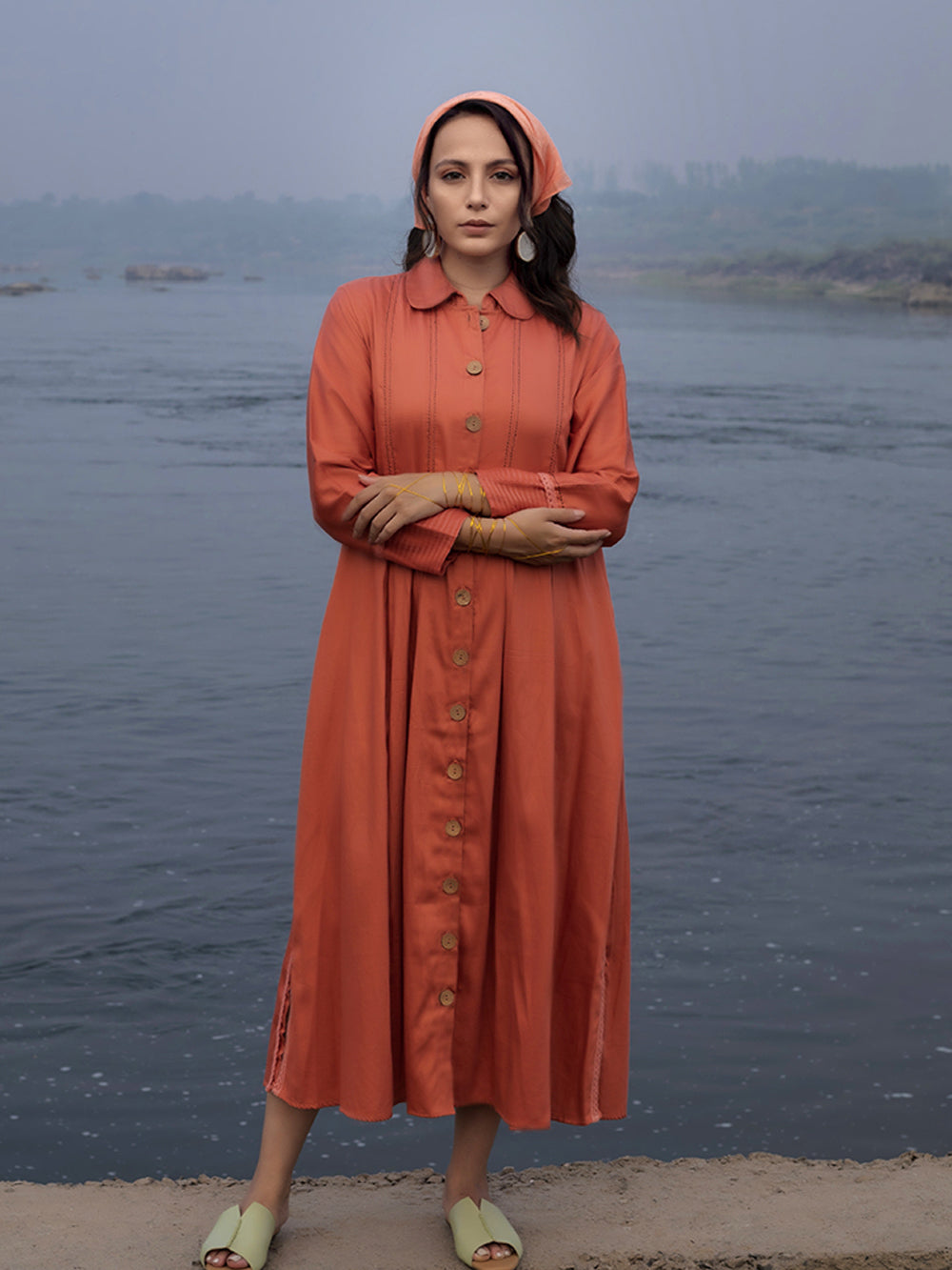 Peach Cotton Silk & Organza Shirt Dress