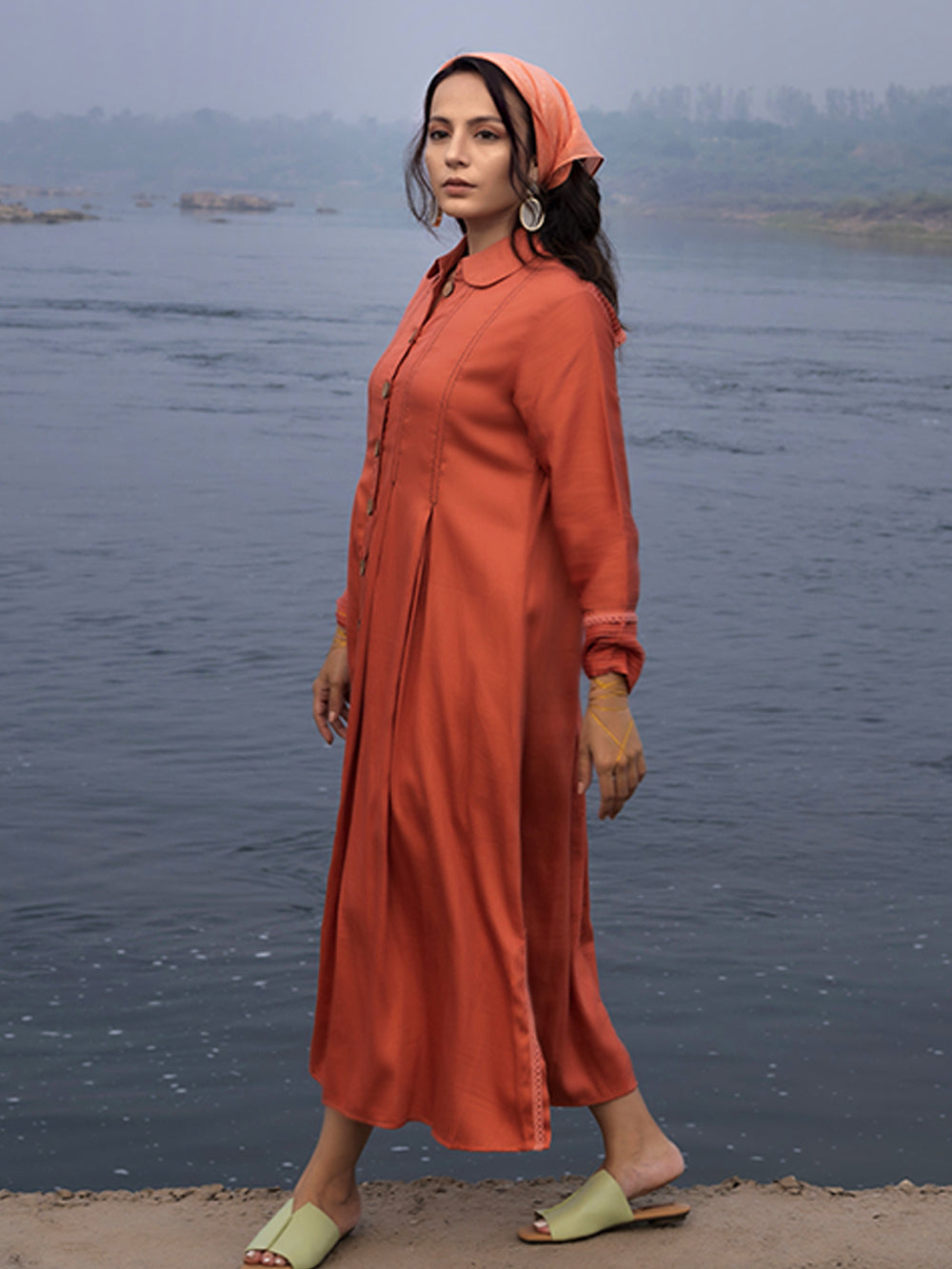 Peach Cotton Silk & Organza Shirt Dress