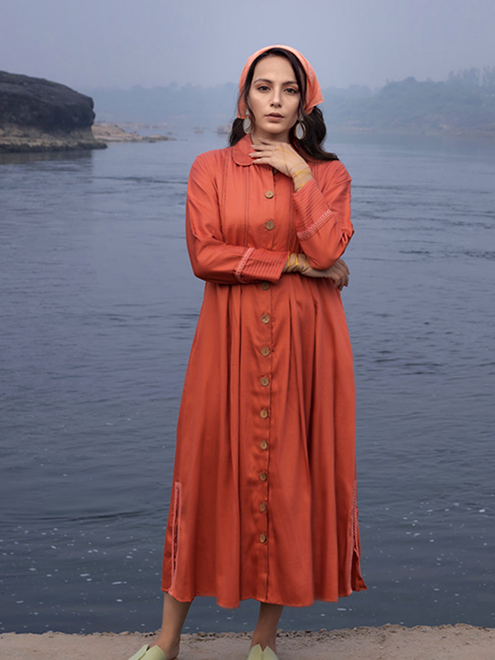 Peach Cotton Silk & Organza Shirt Dress