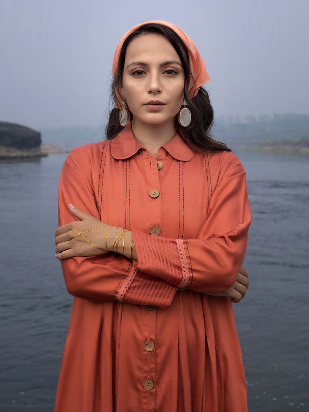 Peach Cotton Silk & Organza Shirt Dress