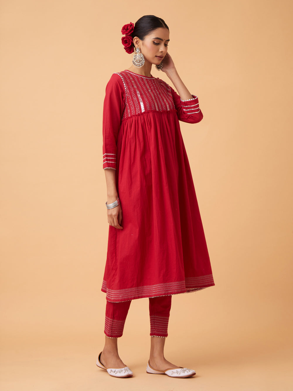 Red Cotton kurta with Pants and Dupatta Set of 3