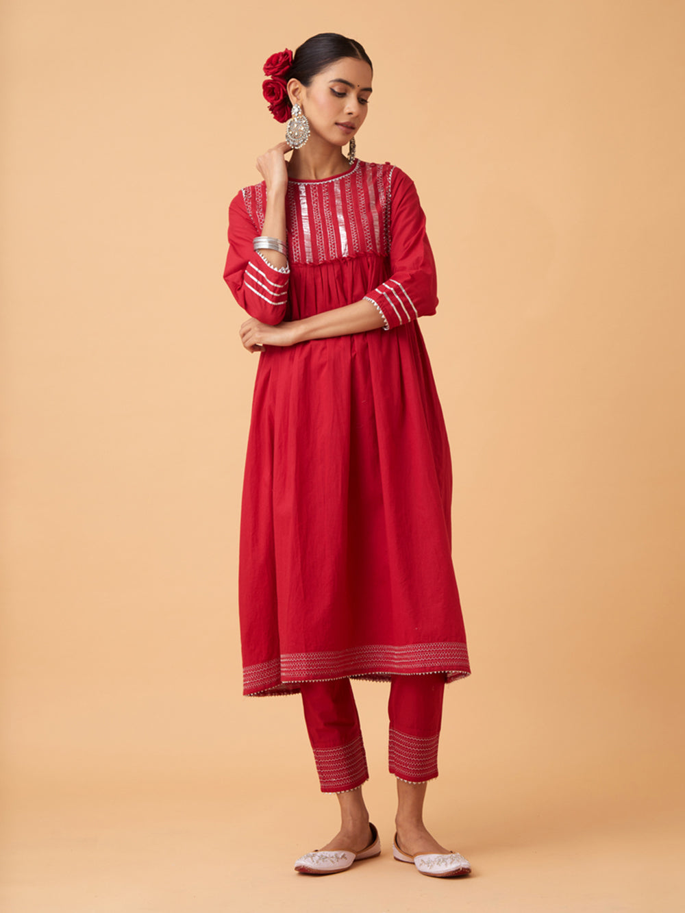 Red Cotton kurta with Pants and Dupatta Set of 3