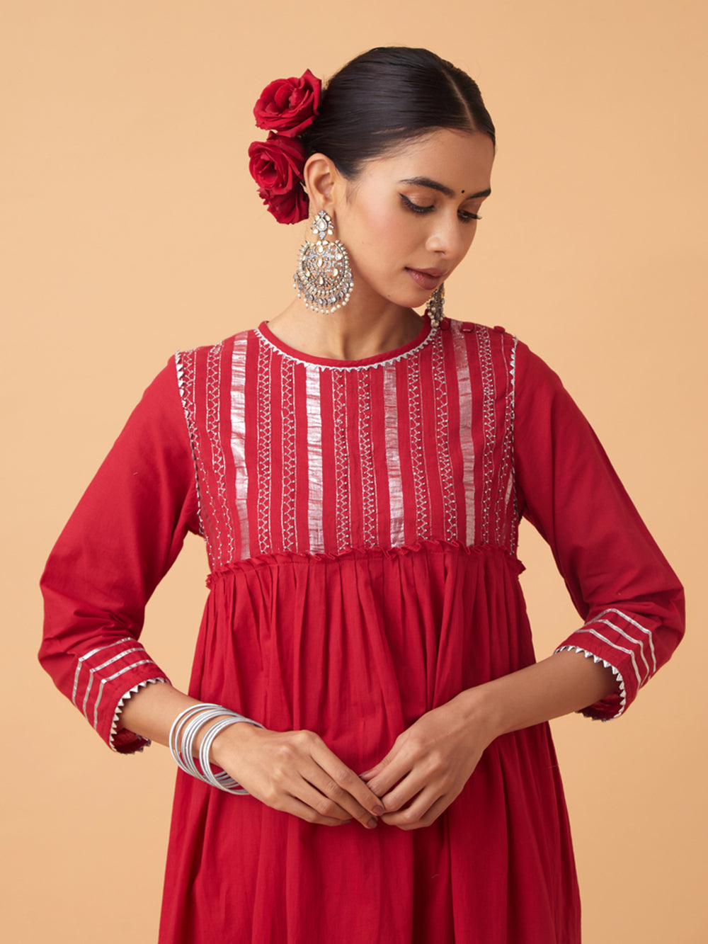 Red Cotton kurta with Pants and Dupatta Set of 3