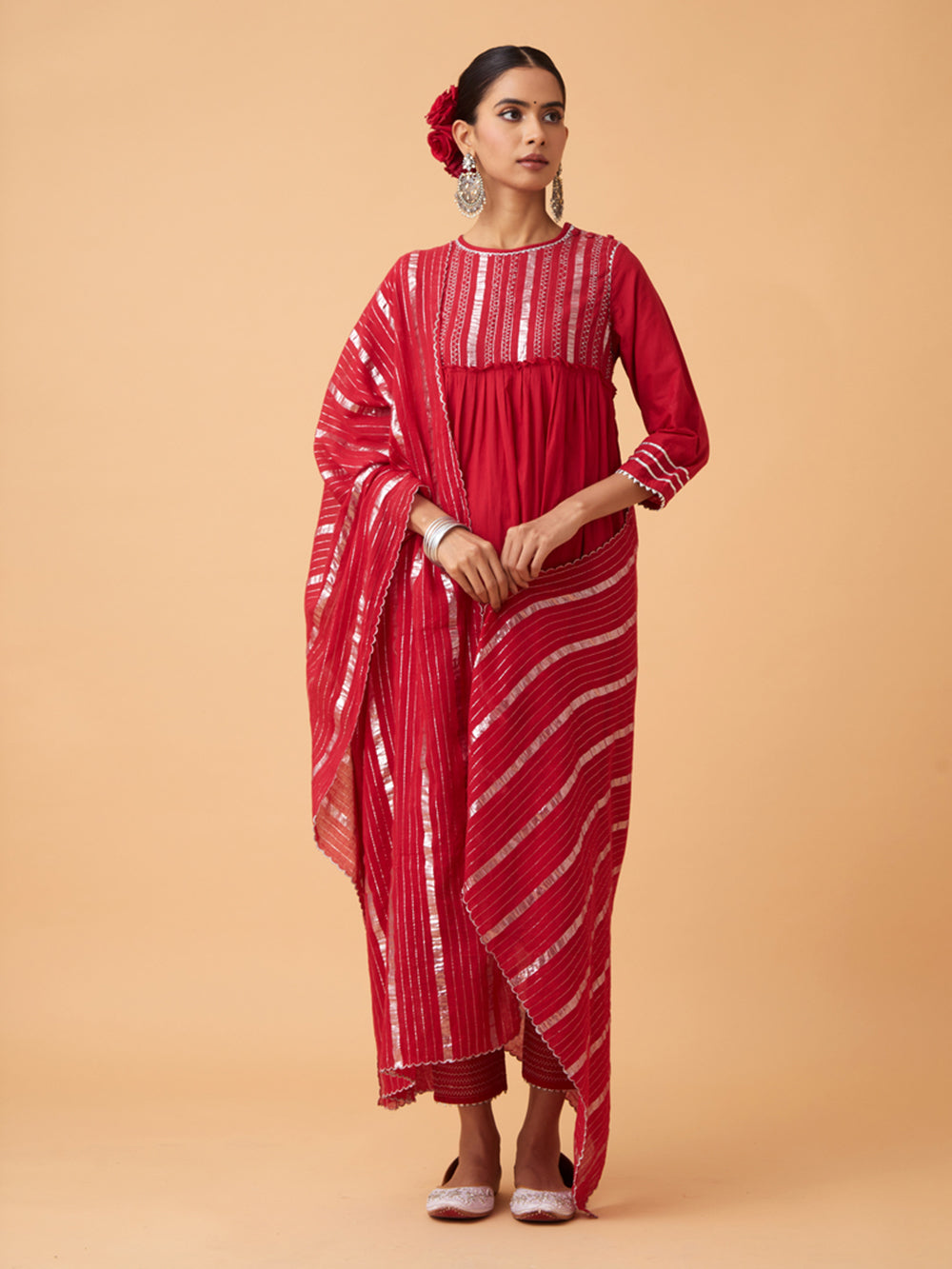 Red Cotton kurta with Pants and Dupatta Set of 3