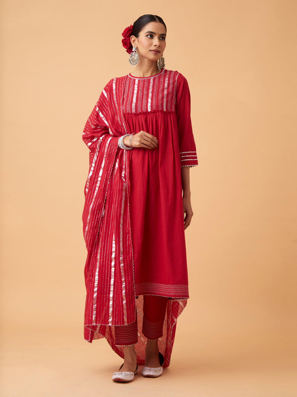 Red Cotton kurta with Pants and Dupatta Set of 3