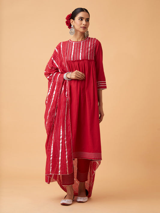 Red Cotton kurta with Pants and Dupatta Set of 3