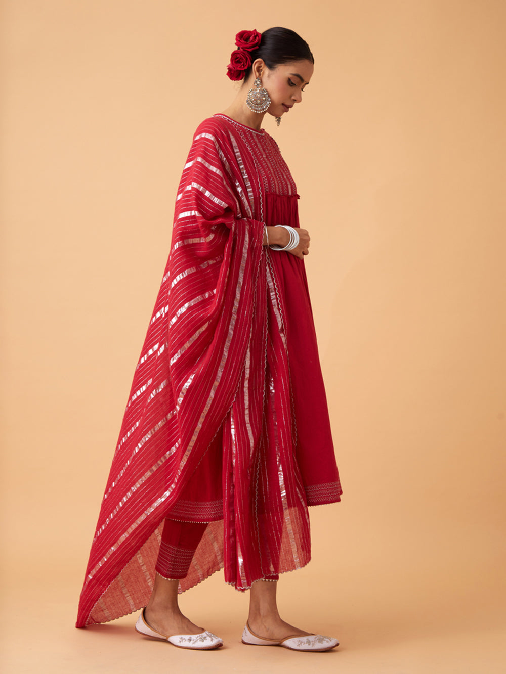 Red Cotton kurta with Pants and Dupatta Set of 3