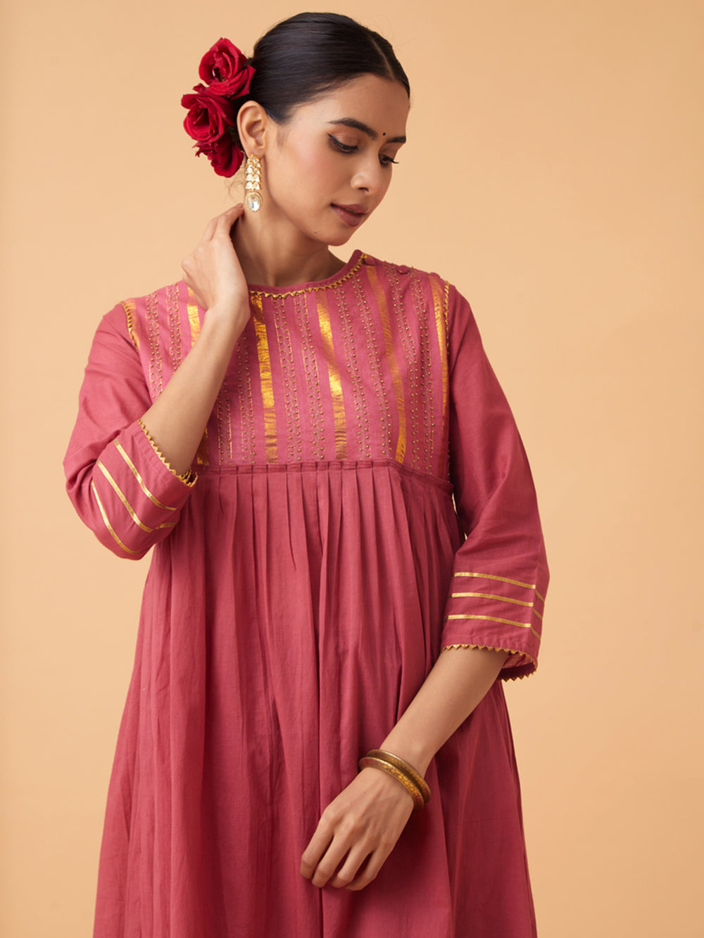 Red Cotton Kurta with Pants and Dupatta Set of 3