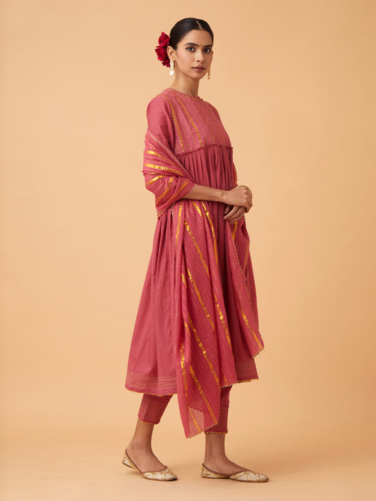 Red Cotton Kurta with Pants and Dupatta Set of 3