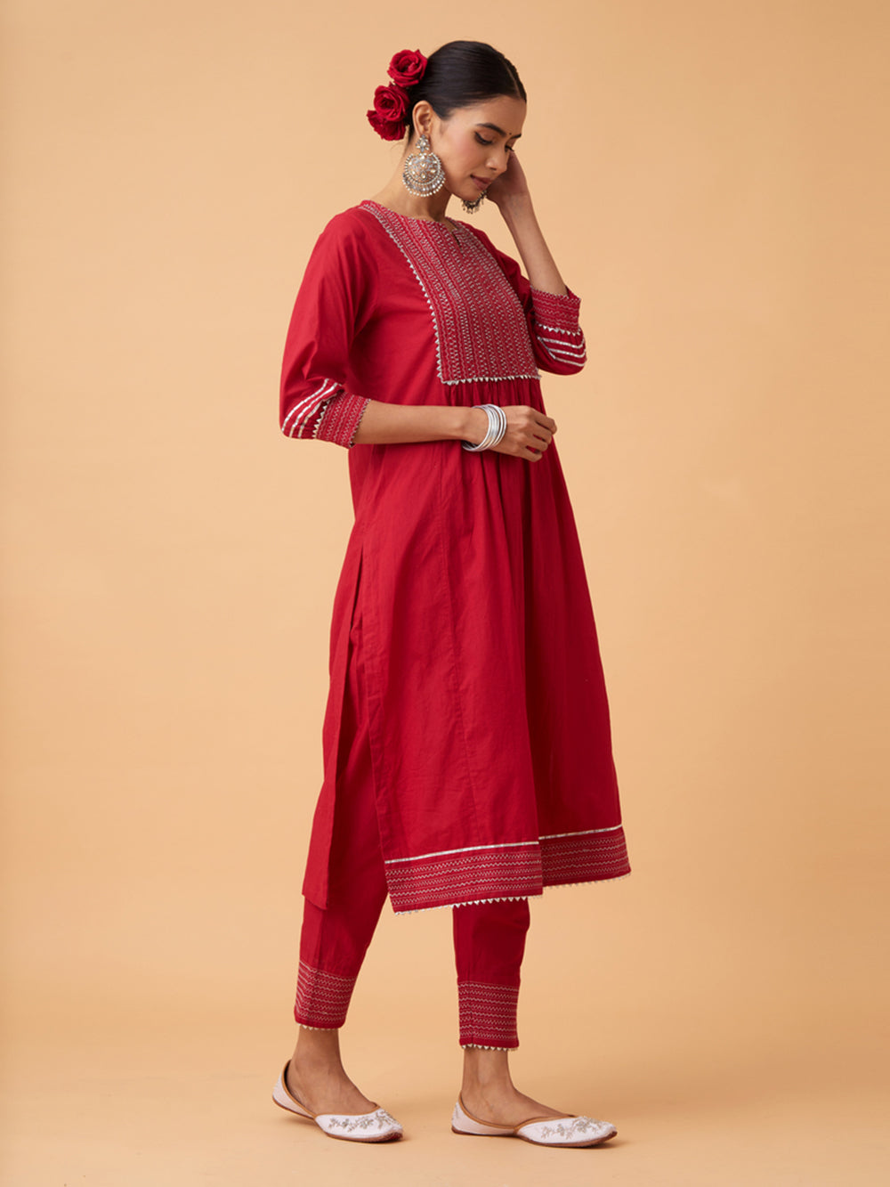 Red Cotton Kurta with Pants and Dupatta Set of 3