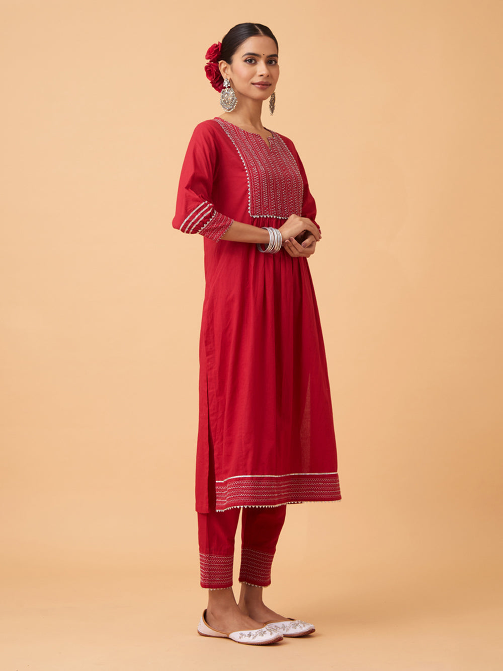 Red Cotton Kurta with Pants and Dupatta Set of 3