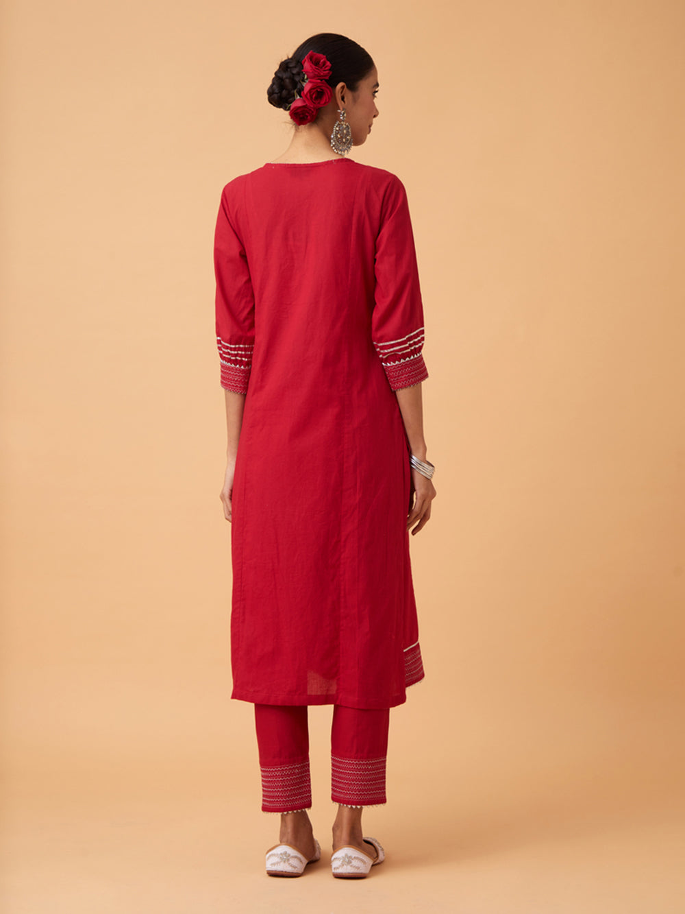 Red Cotton Kurta with Pants and Dupatta Set of 3