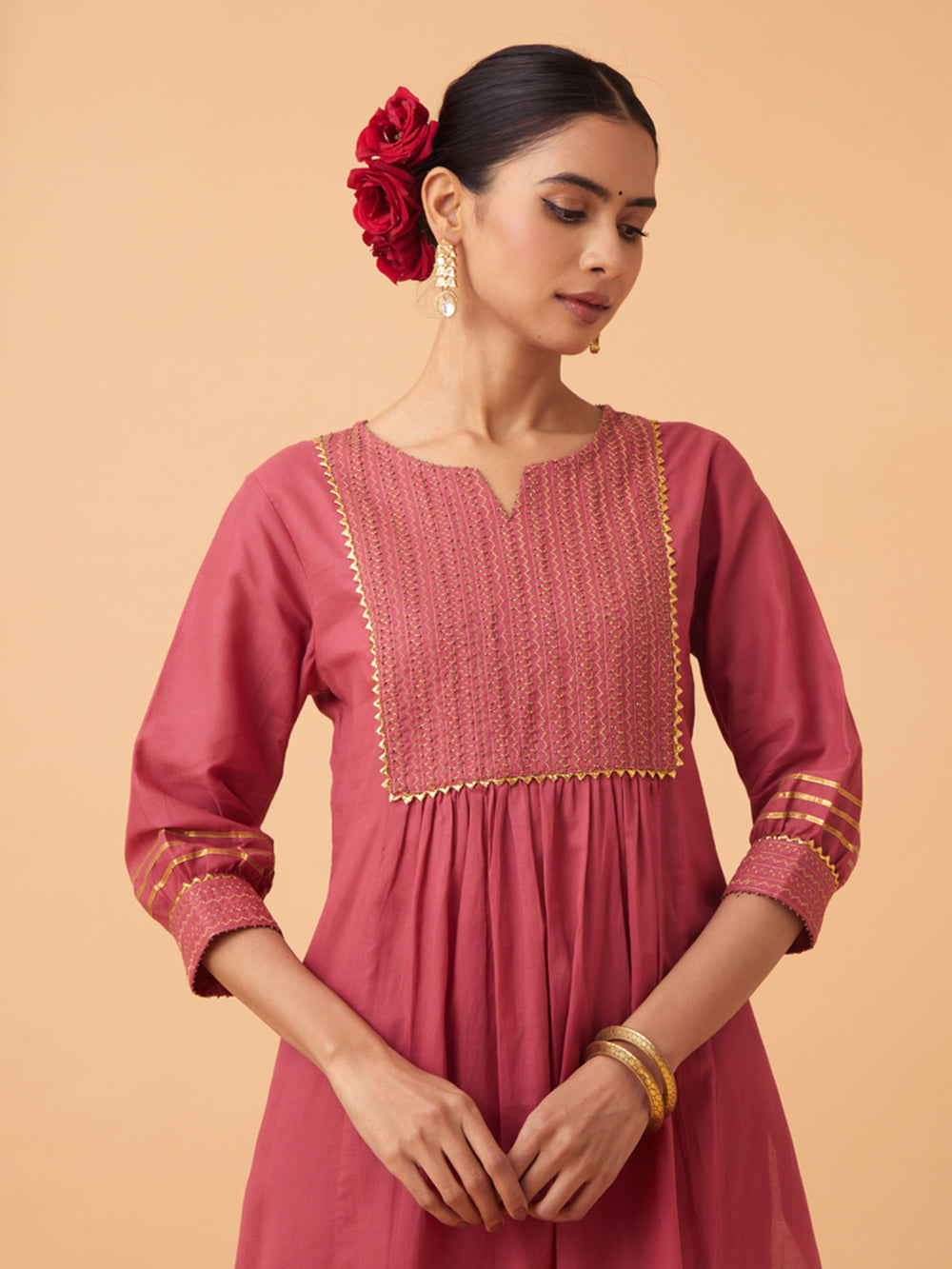 Red Cotton Kurta with Pants and Dupatta Set of 3