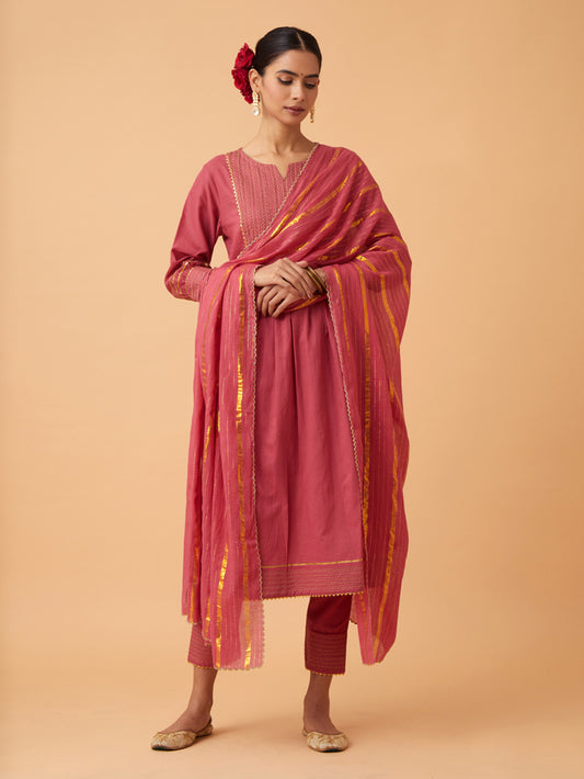 Red Cotton Kurta with Pants and Dupatta Set of 3