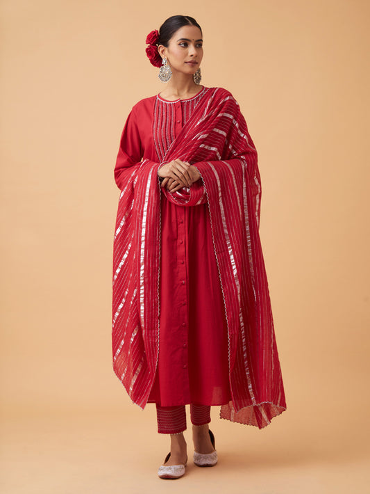 Red Cotton Kurta with Pants and Dupatta Set of 3