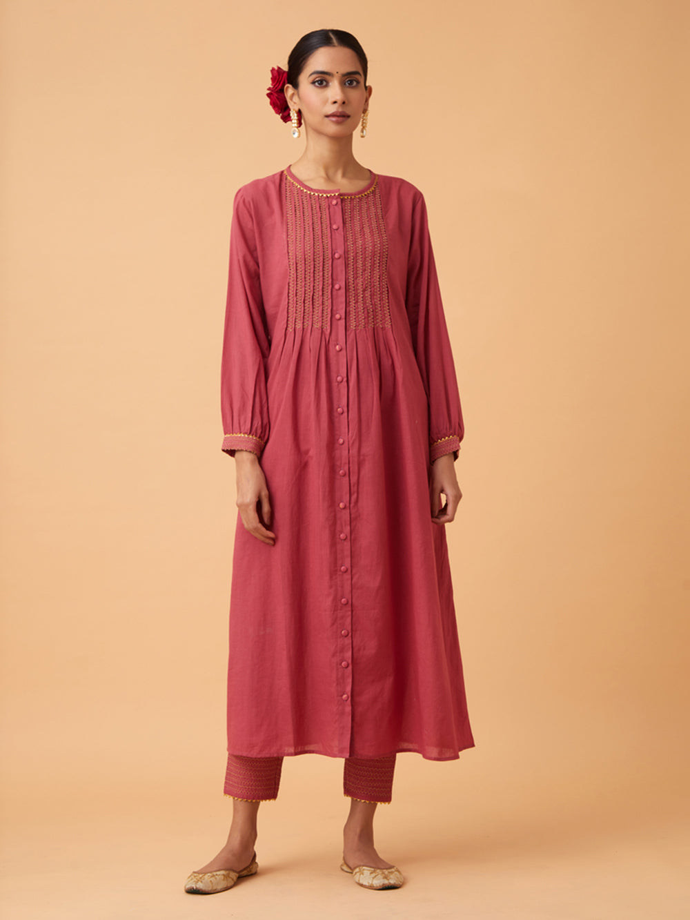 Red Cotton Kurta with Pants and Dupatta Set of 3