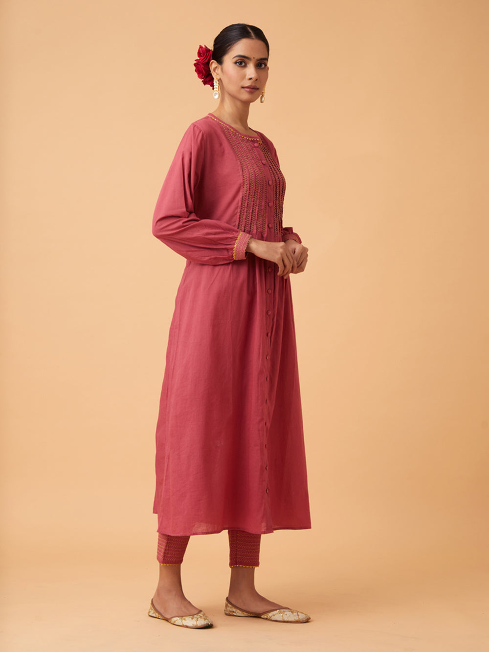 Red Cotton Kurta with Pants and Dupatta Set of 3