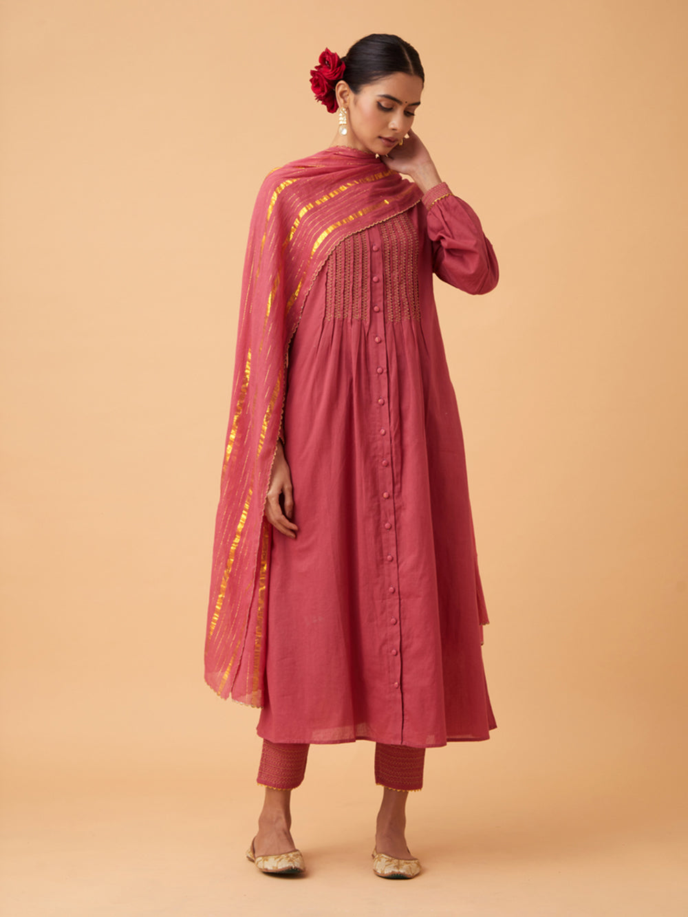 Red Cotton Kurta with Pants and Dupatta Set of 3