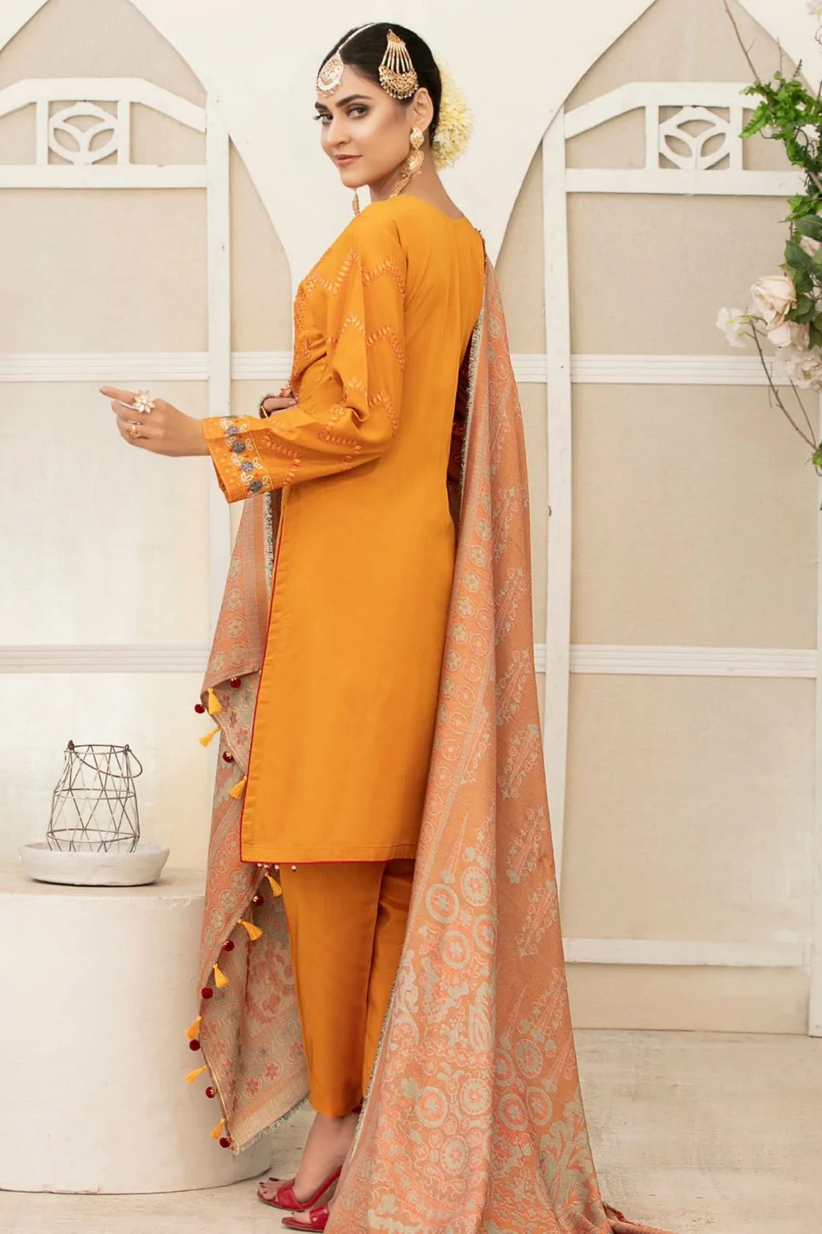 Yellow Embroidered Cotton Suit - Set of 3