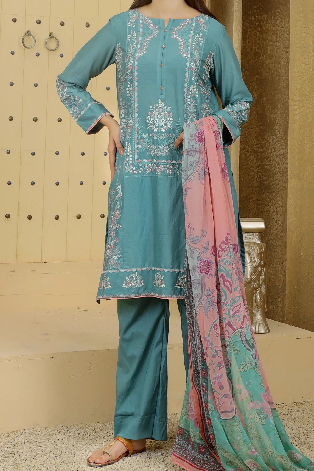 Green Embroidered Georgette Dupatta